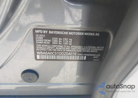 2013 BMW 640I Gran Coupe из США, поврежденный, VIN WBA6A0C51DDZ04076